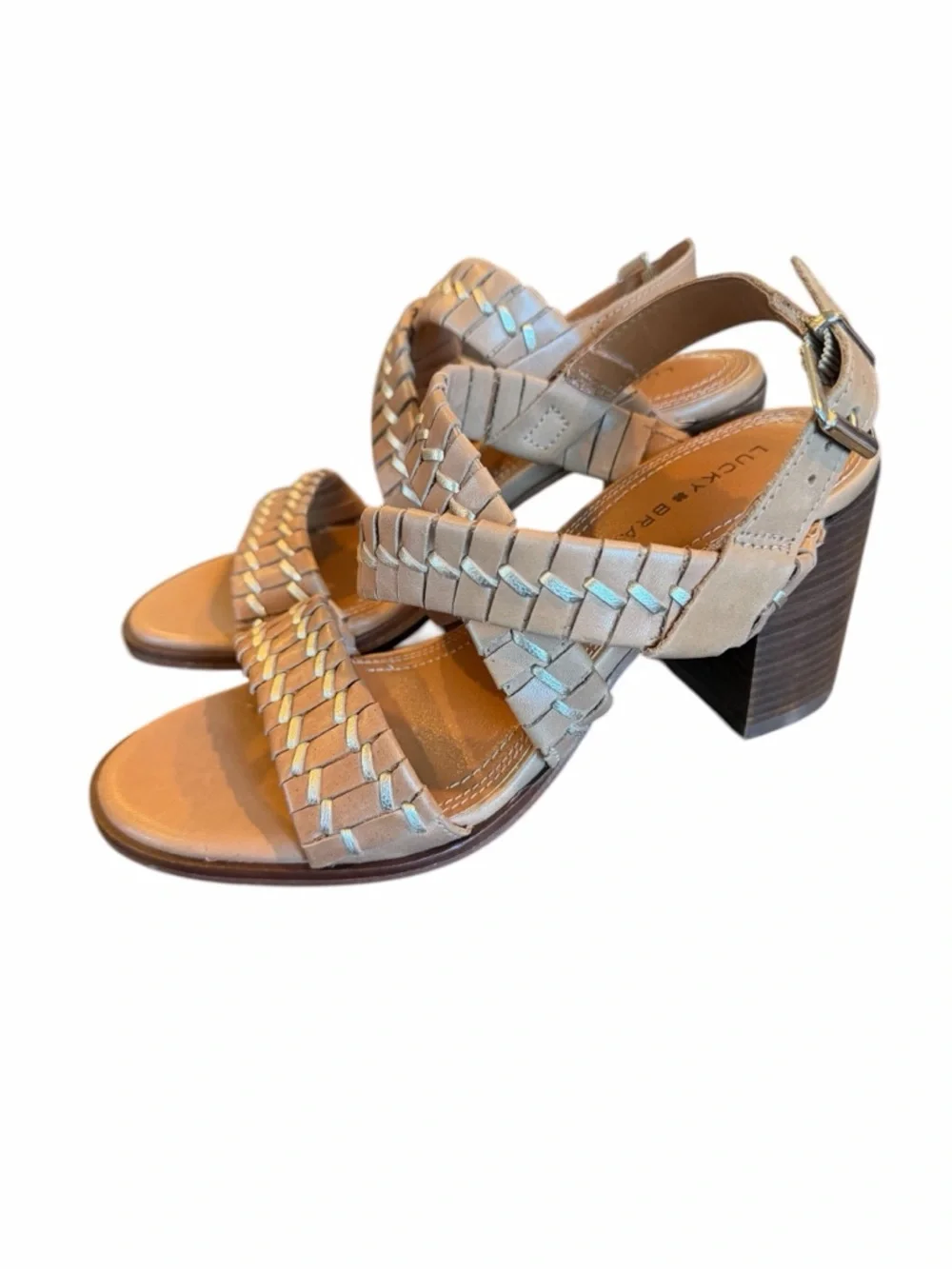 Lucky‎ Brand Beige Braided Leather Block Heel Sandals
